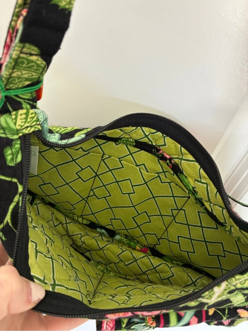 Vera Bradley Black Quilted Floral Crossbody with Pink and Green Accents